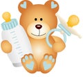 Baby boy teddy bear with baby pacifier and bottle milk Royalty Free Stock Photo