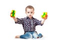 Baby boy toddler playing with toy car isolated Royalty Free Stock Photo