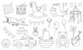 Baby Boy Toys Vector set in cartoon outline style