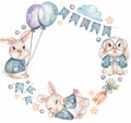 Baby Boy Toys Wreath Clipart, Watercolor cute bunny illustration, Kids Frame with rabbit animal, party balloons and flags wreath, Royalty Free Stock Photo