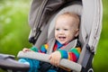 Baby boy in warm colorful knitted jacket sitting in modern stroller on a walk in a park. Child in buggy. Little kid in a pushchair Royalty Free Stock Photo