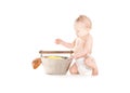 Baby boy with wash-tub and scoop Royalty Free Stock Photo