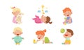 Baby Boys and Girls Sitting on the Floor and Playing with Their Toys Vector Set Royalty Free Stock Photo