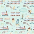 Baby boys world. Cartoon airplane, plane and waggon locomotive watercolor illustration pattern. Child toys birthday Royalty Free Stock Photo