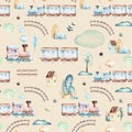 Baby boys world. Cartoon airplane, plane and waggon locomotive watercolor illustration pattern. Child toys birthday Royalty Free Stock Photo