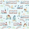 Baby boys world. Cartoon airplane, plane and waggon locomotive watercolor illustration pattern. Child toys birthday