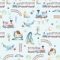 Baby boys world. Cartoon airplane, plane and waggon locomotive watercolor illustration pattern. Child toys birthday Royalty Free Stock Photo