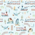 Baby boys world. Cartoon airplane, plane and waggon locomotive watercolor illustration pattern. Child toys birthday Royalty Free Stock Photo