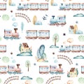 Baby boys world. Cartoon airplane, plane and waggon locomotive watercolor illustration pattern. Child toys birthday Royalty Free Stock Photo