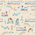 Baby boys world. Cartoon airplane, plane and waggon locomotive watercolor illustration pattern. Child toys birthday Royalty Free Stock Photo