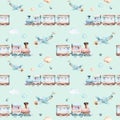 Baby boys world. Cartoon airplane, plane and waggon locomotive watercolor illustration pattern. Child toys birthday Royalty Free Stock Photo