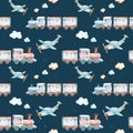 Baby boys world. Cartoon airplane, plane and waggon locomotive watercolor illustration pattern. Child toys birthday