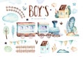Baby boys world. Cartoon airplane and waggon locomotive watercolor illustration. Child birthday set of plane, and air