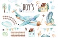 Baby boys world. Cartoon airplane and waggon locomotive watercolor illustration. Child birthday set of plane, and air Royalty Free Stock Photo