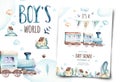 Baby boys world. Cartoon airplane and waggon locomotive watercolor illustration. Child birthday set of plane, and air Royalty Free Stock Photo