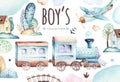 Baby boys world. Cartoon airplane and waggon locomotive watercolor illustration. Child birthday set of plane, and air Royalty Free Stock Photo