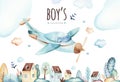 Baby boys world. Cartoon airplane and waggon locomotive watercolor illustration. Child birthday set of plane, and air Royalty Free Stock Photo