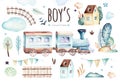 Baby boys world. Cartoon airplane and waggon locomotive watercolor illustration. Child birthday set of plane, and air