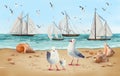 Baby bright colorful background with sea, sky, beach, sailboats, seagulls, shells. Royalty Free Stock Photo