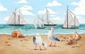 Baby bright colorful background with sea, sky, beach, sailboats, seagulls, shells. Royalty Free Stock Photo