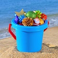 Baby bucket with gifts and Christmas decorations Royalty Free Stock Photo