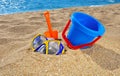 Baby bucket, shovel and diving mask Royalty Free Stock Photo