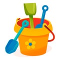 A baby bucket with shovels. A sandbox toy.