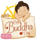 Baby Buddha with Commemorative Scroll, Lotus and Dharma Wheel, Vector Illustration