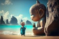 Baby buddhist monk praying in front of buddah statue illustration generative ai