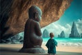 Baby buddhist monk praying in front of buddah statue illustration generative ai