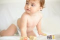 Baby, Building Blocks And Playing On Bed, Education And Learning For Child Development In Bedroom. Sensory, Alphabet And