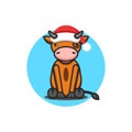 Baby bull wearing Santa Claus hat symbol of 2021 chinese new year, cute cartoon baby ox animal child illustration for winter Royalty Free Stock Photo