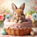 Baby Bunny in a Basket with Pastel Easter Eggs