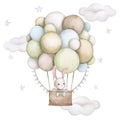 aby bunny in a hot air balloon. Boy. Children\'s watercolor illustration. Birthday, baby shower Royalty Free Stock Photo