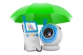 Baby cam and audio baby monitor under umbrella, 3D rendering Royalty Free Stock Photo