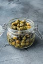 Baby capers in marinate glass jar, on gray background