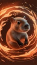 A baby capybara floating gracefully within a whirlwind of dynamic, fiery splashes