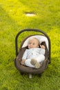 Baby in car seat on grass Royalty Free Stock Photo