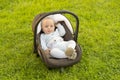 Baby in car seat on grass Royalty Free Stock Photo