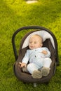 Baby in car seat on grass Royalty Free Stock Photo