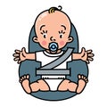 Baby in the car seat with seatbelt. Vector icon