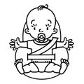 Baby in the car seat with seatbelt. Vector icon