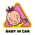 Baby in car sticker. Funny small face of girl