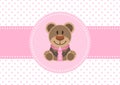 Baby Card Girl Teddy And Bottle Dots Background Pink