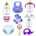 Baby care accessories. Realistic childish isolated items, nutritional and hygiene products, milk bottles and rattles