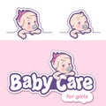 Baby care design template. Logotype with cute little baby in diaper. Royalty Free Stock Photo