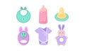 Baby care icons set, baby bib, bottle, nipple, bodysuit, rattle, nursery accessories, baby shower and newborn concept