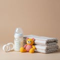Baby care items with a soft, neutral background include a baby bottle beside two Royalty Free Stock Photo
