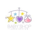 Baby care logo design, emblem with baby bed carousel, label for kids club, baby or toys shop and any other children