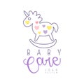 Baby care logo design, emblem with rocking horse toy, label for baby products store, toys shop and any other children